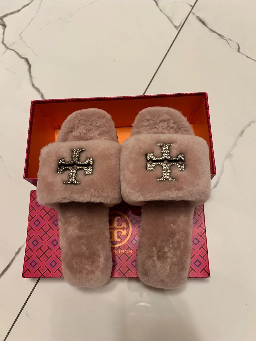 Tory Burch Blush Pink Faux Fur Slide Sandals with Crystal Logo